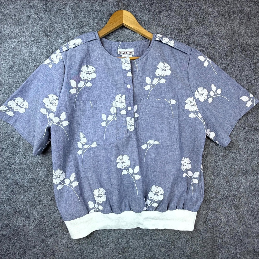 Vintage Cabrais Blouse Top Womens 16 Blue White Floral Coastal Chic Banded Waist